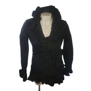Ruffled Black Long-Sleeve Double-Breasted‎ Coat With Flared Cuffs & Hem